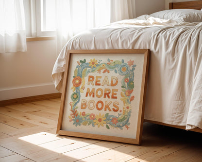 Read More Books Wall Art, Cute Library Print, Bookworm Decor, Colorful Reading Nook Art, Digital Download for Kids