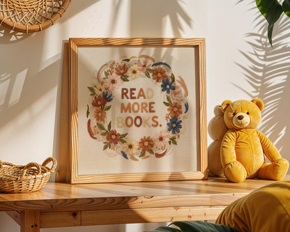 Read More Books Wall Art, Floral Book Lover Print, Minimalist Reading Decor, Digital Download for Kids and Adults, Bookish Wall Poster