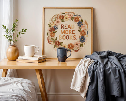 Read More Books Wall Art, Floral Book Lover Print, Minimalist Reading Decor, Digital Download for Kids and Adults, Bookish Wall Poster