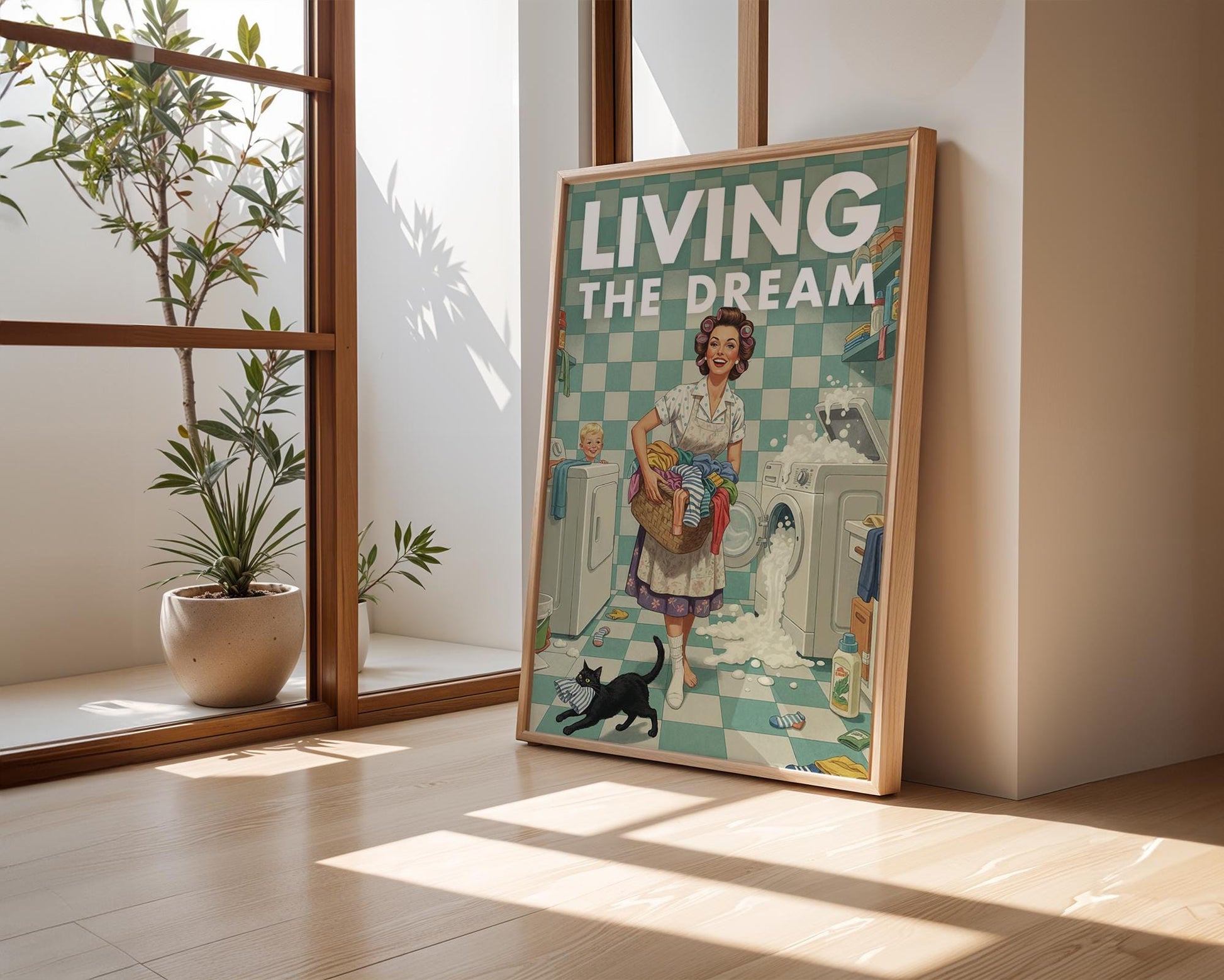 Retro Laundry Print, Funny 50s Poster, Vintage Laundry Art, Humorous Decor, Retro Wall Art Gift Ideas, “Living The Dream” Print
