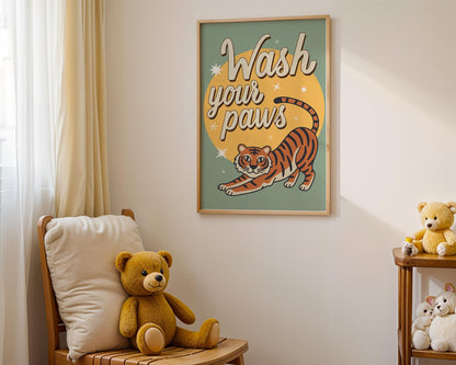 Wash Your Paws Tiger Wall Art, Colorful Bathroom Decor, Funny Animal Print, Quirky Home Wall Art, Digital Download