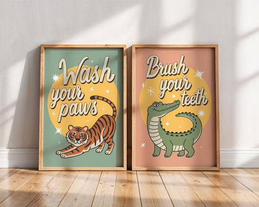 Wash Your Paws Tiger Wall Art, Colorful Bathroom Decor, Funny Animal Print, Quirky Home Wall Art, Digital Download
