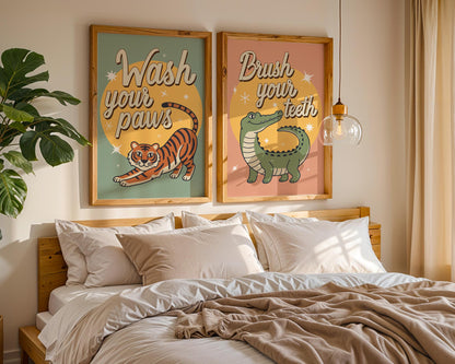 Wash Your Paws Tiger Wall Art, Colorful Bathroom Decor, Funny Animal Print, Quirky Home Wall Art, Digital Download