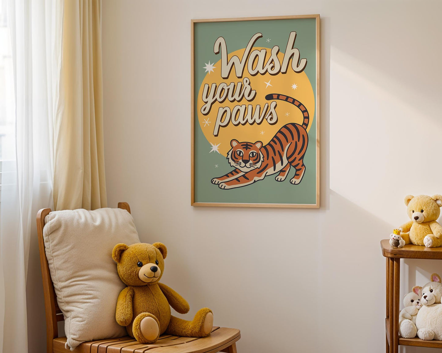 Wash Your Paws Tiger Wall Art, Colorful Bathroom Decor, Funny Animal Print, Quirky Home Wall Art, Printed & Shipped