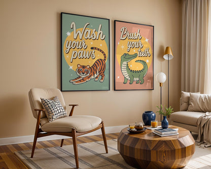 Wash Your Paws Tiger Wall Art, Colorful Bathroom Decor, Funny Animal Print, Quirky Home Wall Art, Printed & Shipped