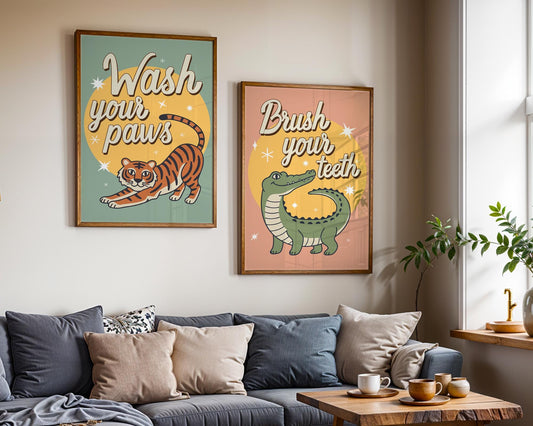 Wash Your Paws Tiger Wall Art, Colorful Bathroom Decor, Funny Animal Print, Quirky Home Wall Art, Printed & Shipped