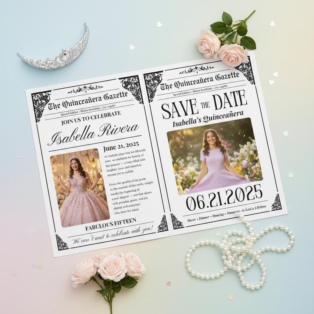 Quinceañera Newspaper Printed, Unique Editable Newspaper for Parties, Custom Birthday Gift, Quinceañera Decor, Sweet 15