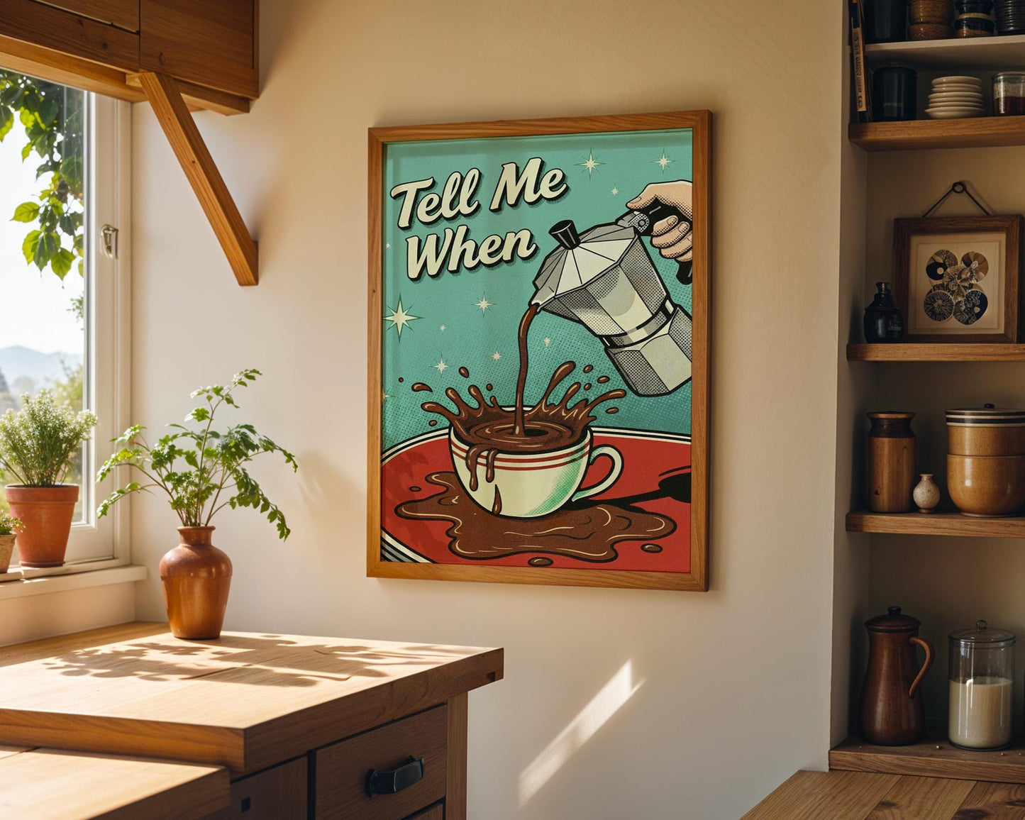 Tell Me When Coffee Print: Retro Kitchen Wall Art, Hand-Drawn Poster, Coffee Lover Gift, Aesthetic Decor, Funny 50s Poster, Vintage Art