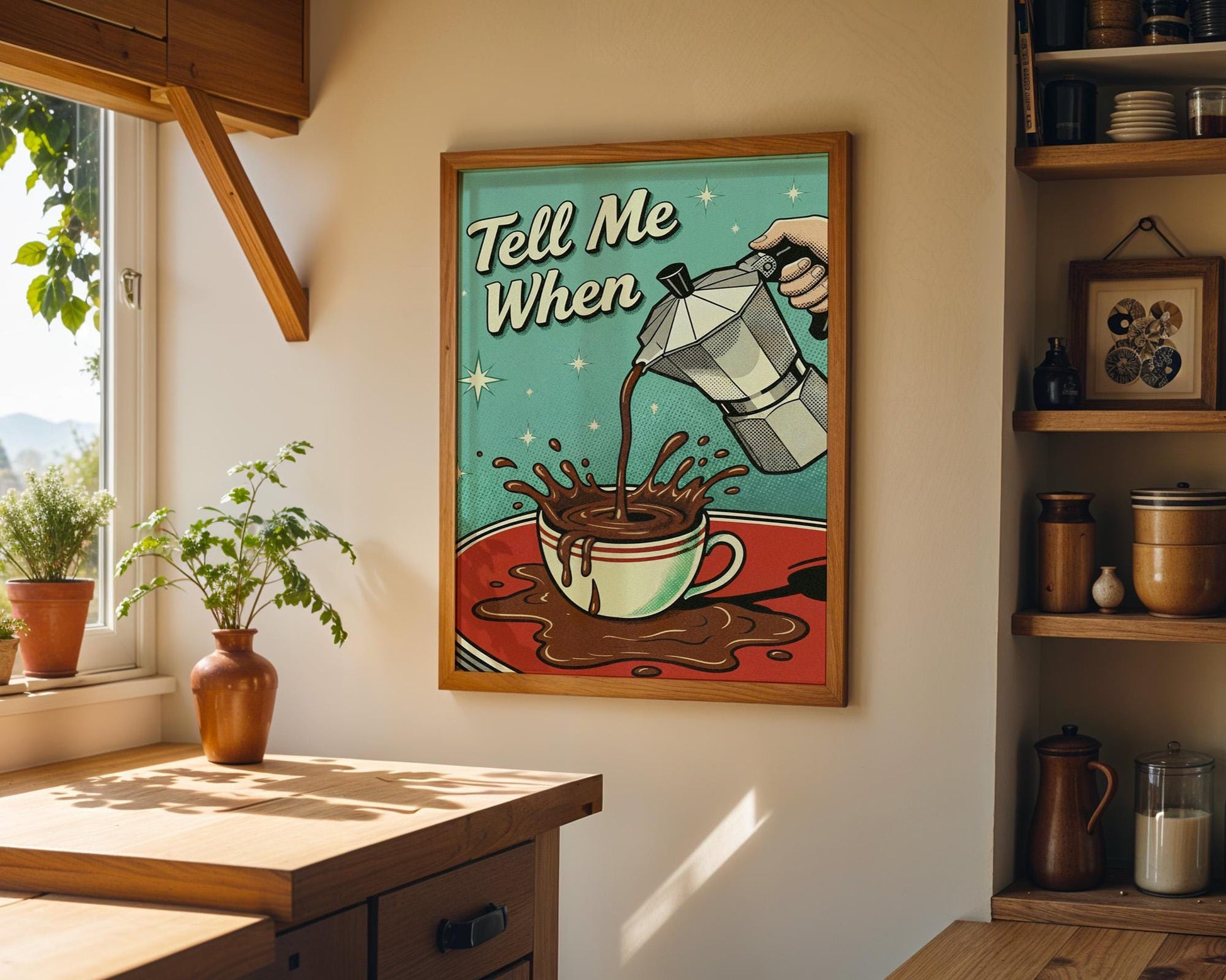 Tell Me When Coffee Print: Retro Kitchen Wall Art, Hand-Drawn Poster, Coffee Lover Gift, Aesthetic Decor, Funny 50s Poster, Vintage Art
