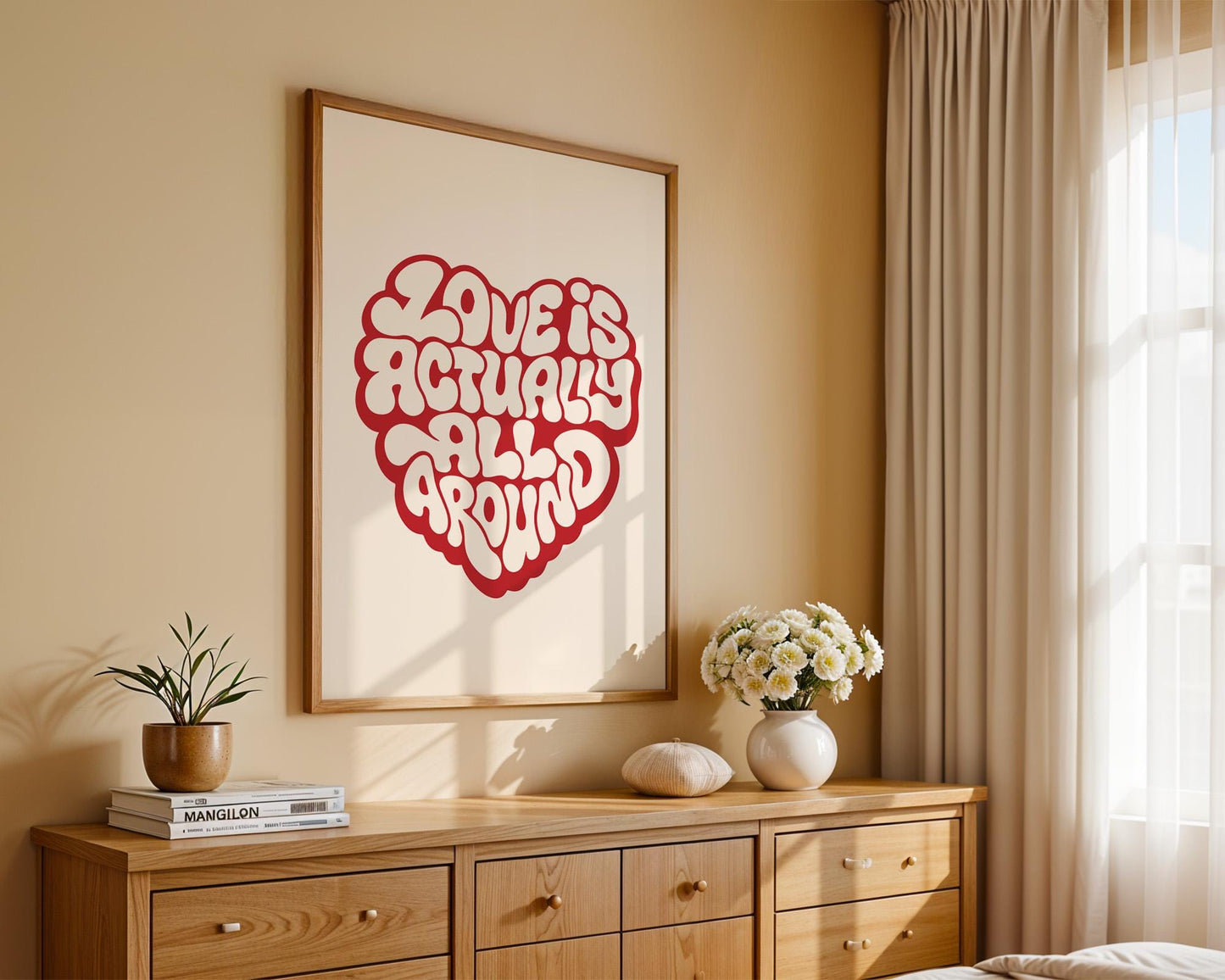 Love Actually is All Around Art Print, Minimalist Wall Art, Retro Quote Poster, Aesthetic Home Decor for Bedroom and Living Room