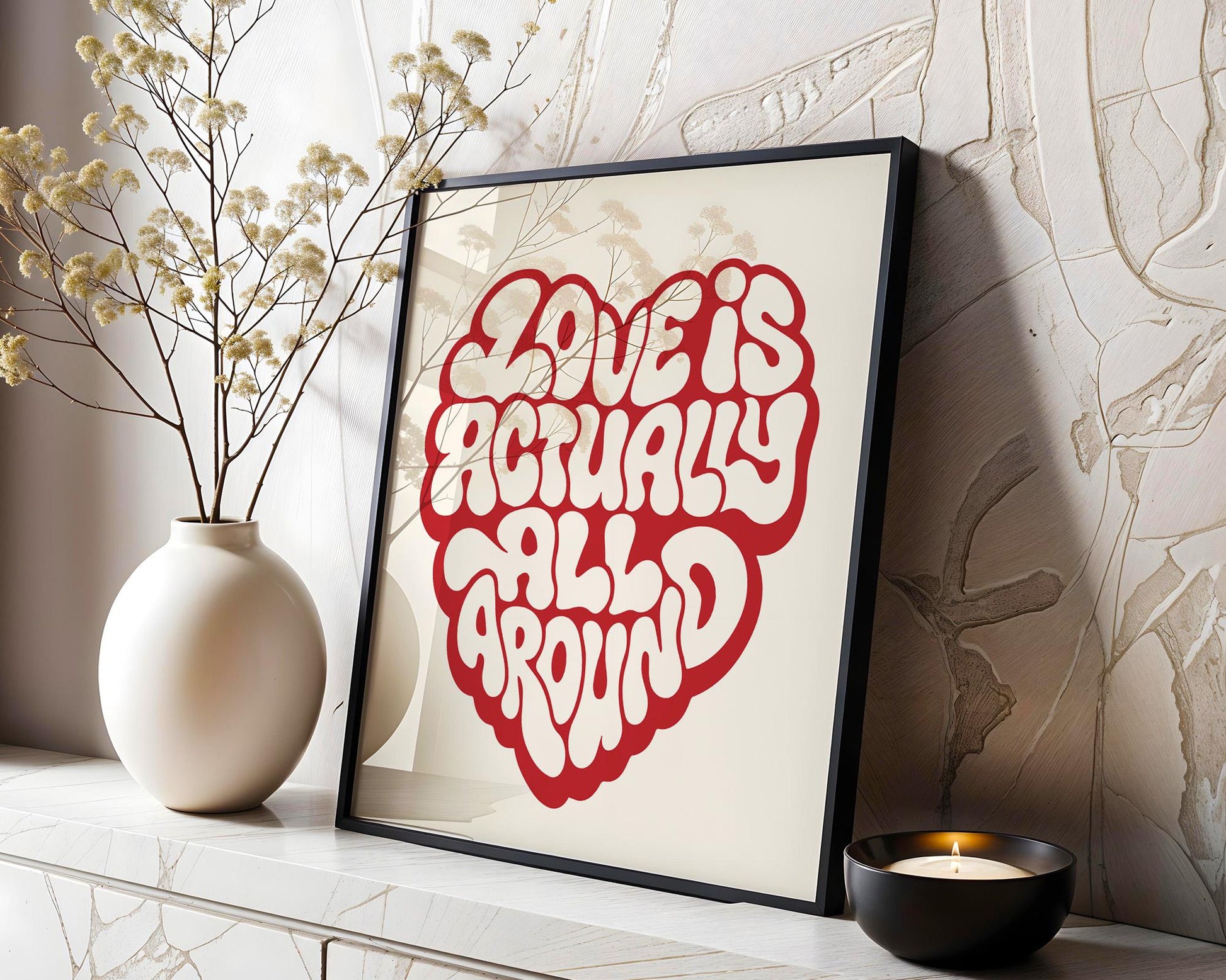 Love Actually is All Around Art Print, Minimalist Wall Art, Retro Quote Poster, Aesthetic Home Decor for Bedroom and Living Room