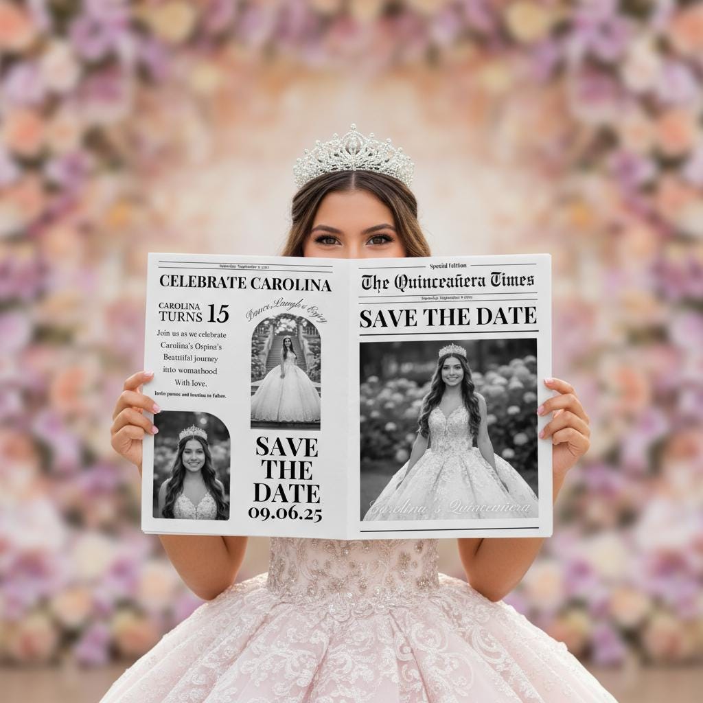 Quinceanera Newspaper Printed, Custom Save the Date Announcement, Birthday Party Decor, Unique Gift Ideas Printed & Shipped