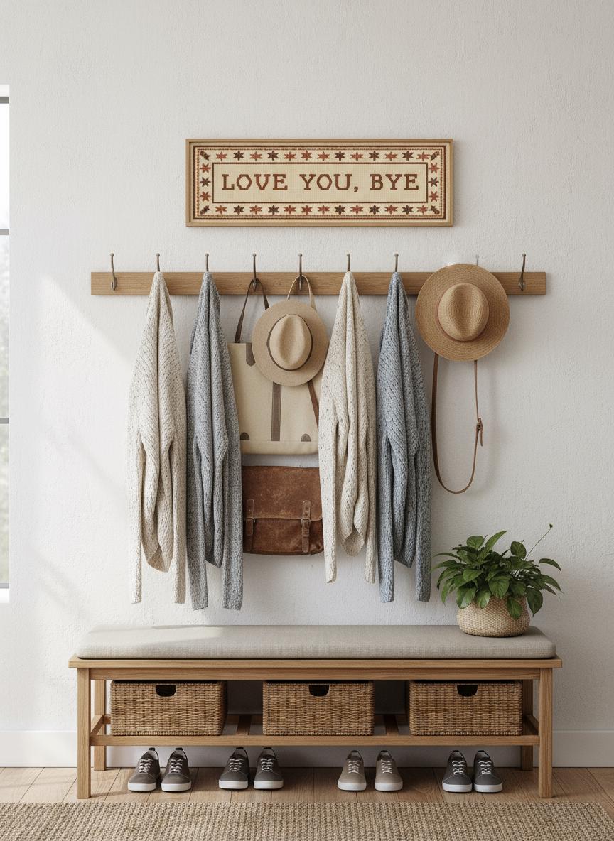 Love You Bye Wall Art Above Door Sign, Hallway Decor, Modern Typography Print, Unique Home Decor Gift, Cross Stitched, Poster