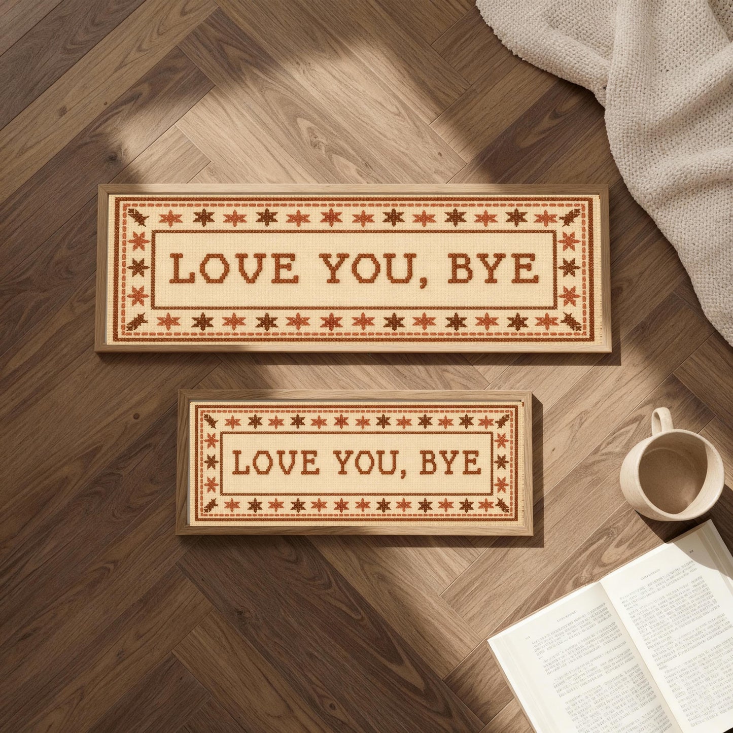 Love You Bye Wall Art Above Door Sign, Hallway Decor, Modern Typography Print, Unique Home Decor Gift, Cross Stitched, Poster