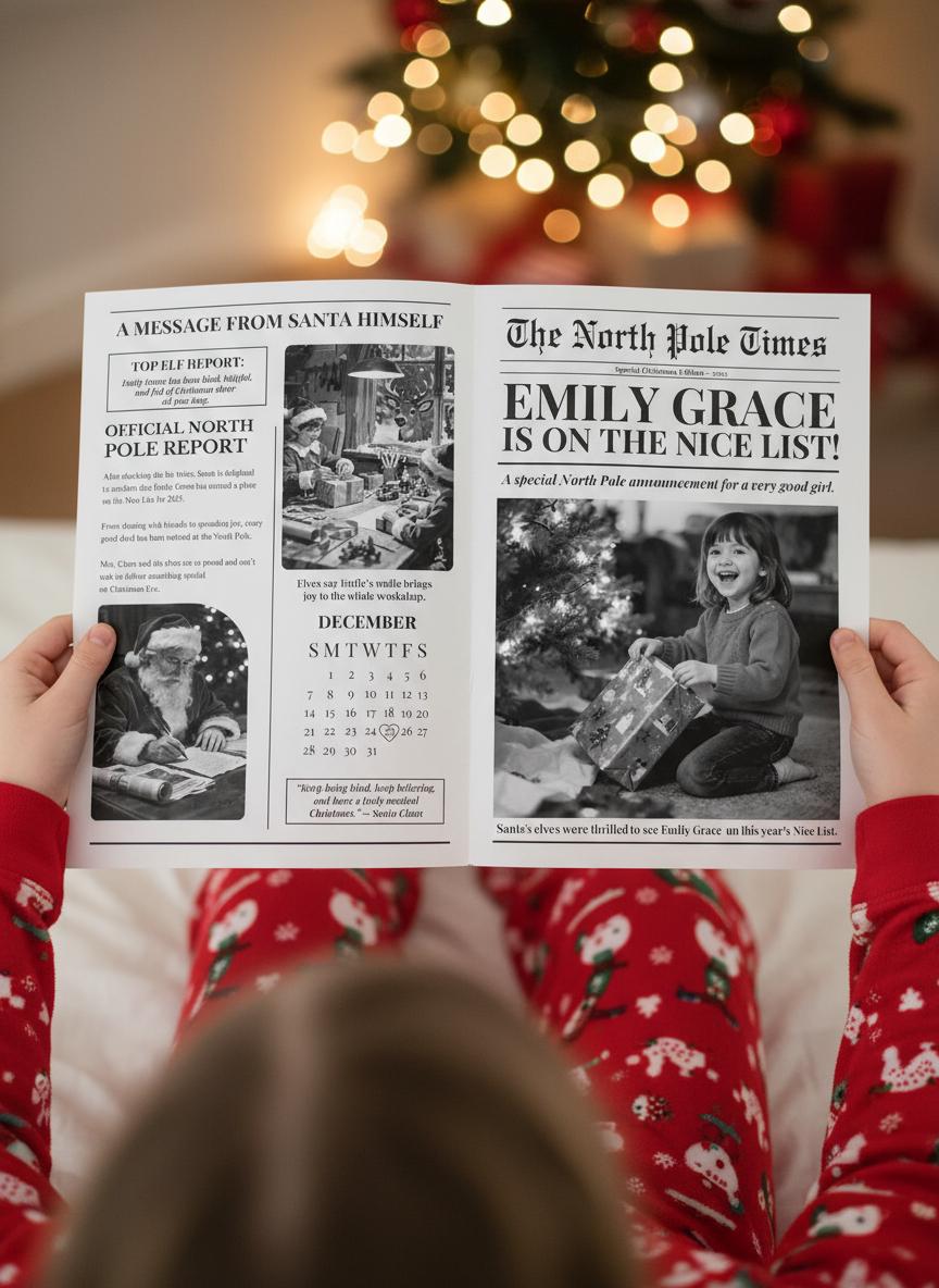 Nice List Santa, Personalized Christmas Eve Gift Newspaper, Printed and Shipped, Certificate, North Pole Mail, Santa Letter Set