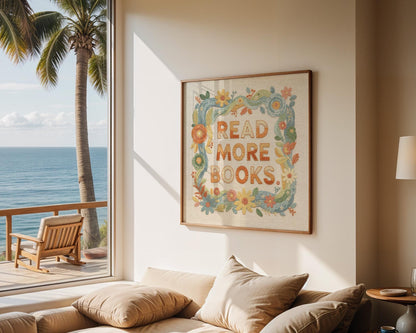 Read More Books Wall Art, Cute Library Print, Bookworm Decor, Colorful Reading Nook Art, Digital Download for Kids