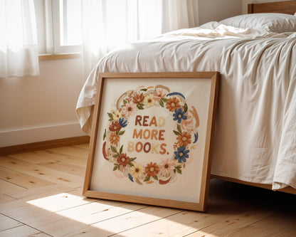 Read More Books Wall Art, Floral Book Lover Print, Minimalist Reading Decor, Digital Download for Kids and Adults, Bookish Wall Poster