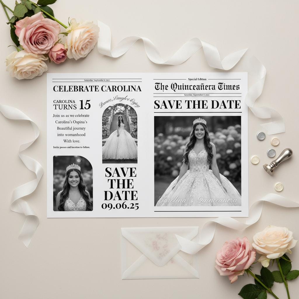Quinceanera Newspaper Printed, Custom Save the Date Announcement, Birthday Party Decor, Unique Gift Ideas Printed & Shipped