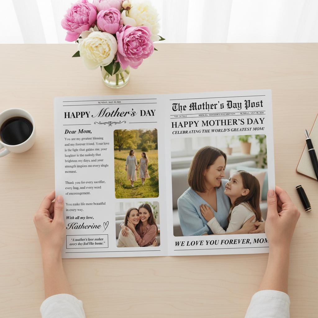 Mother's Day Newspaper Printed, Custom Gift, Unique Art Print for Mom, Personalized Keepsake