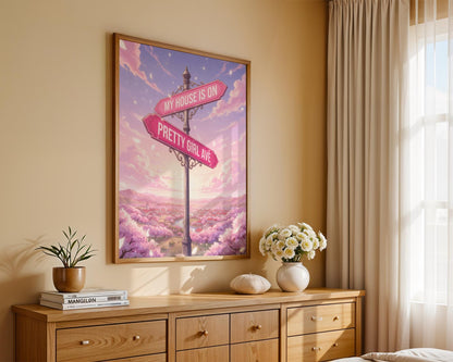 Pretty Girl Avenue Poster, Pink Aesthetic Wall Art, Cute Anime Decor, Minimalist Dorm Room Print, Trendy Bedroom Decor Digital Download