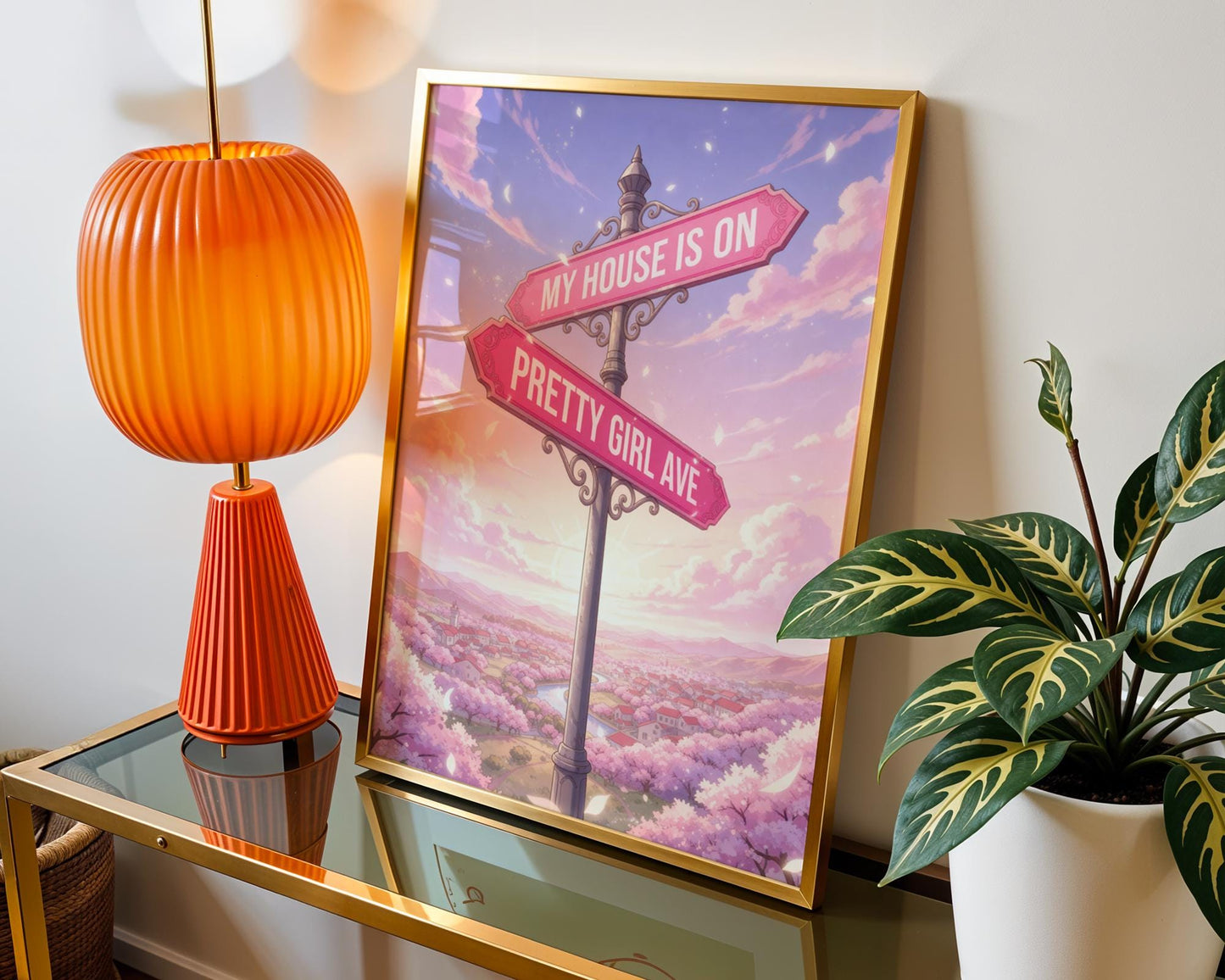 Pretty Girl Avenue Poster, Pink Aesthetic Wall Art, Cute Anime Decor, Minimalist Dorm Room Print, Trendy Bedroom Decor Digital Download