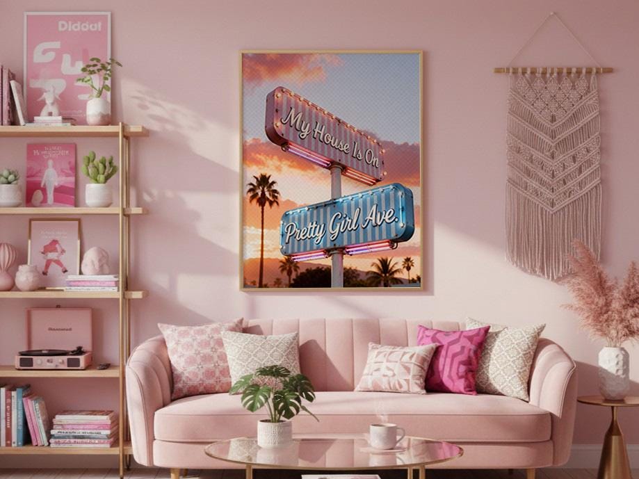 Retro Pretty Girl Avenue Poster, Pink Aesthetic Wall Art Digital Download, Minimalist Typography Dorm Room Print, Trendy Bedroom Wall Decor