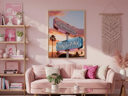 Retro Pretty Girl Avenue Poster, Pink Aesthetic Wall Art Digital Download, Minimalist Typography Dorm Room Print, Trendy Bedroom Wall Decor