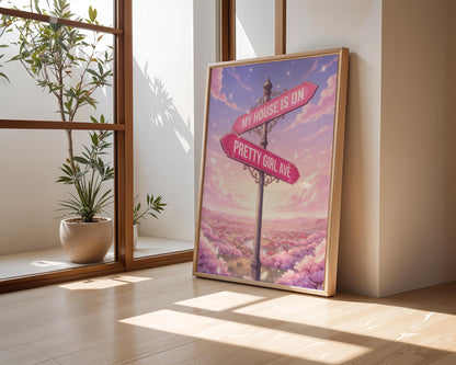 Pretty Girl Avenue Anime Poster, Pink Aesthetic Wall Art, Cute Typography Decor, Minimalist Dorm Room Print, Trendy Bedroom Wall Decor