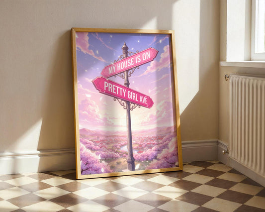 Pretty Girl Avenue Anime Poster, Pink Aesthetic Wall Art, Cute Typography Decor, Minimalist Dorm Room Print, Trendy Bedroom Wall Decor