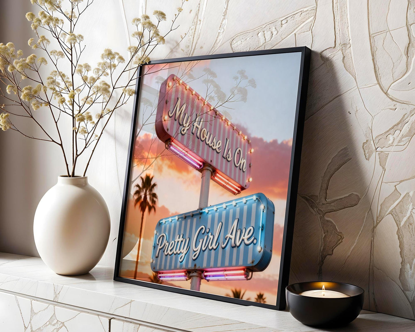 Retro Pretty Girl Avenue Poster, Pink Aesthetic Wall Art, Cute Typography Decor, Minimalist Dorm Room Print, Trendy Bedroom Wall Decor