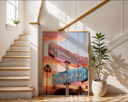 Retro Pretty Girl Avenue Poster, Pink Aesthetic Wall Art, Cute Typography Decor, Minimalist Dorm Room Print, Trendy Bedroom Wall Decor