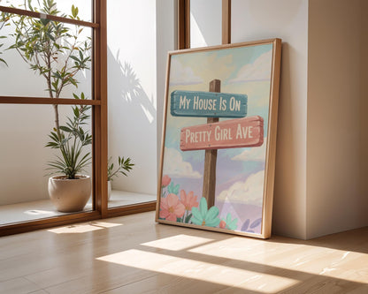 Watercolour Pretty Girl Avenue Poster, Pink Aesthetic Wall Art, Cute Typography Decor, Minimalist Dorm Room Print, Trendy Bedroom Wall Decor