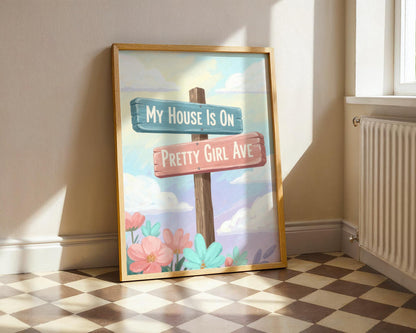 Watercolour Pretty Girl Avenue Poster, Pink Aesthetic Wall Art, Cute Typography Decor, Minimalist Dorm Room Print, Trendy Bedroom Wall Decor