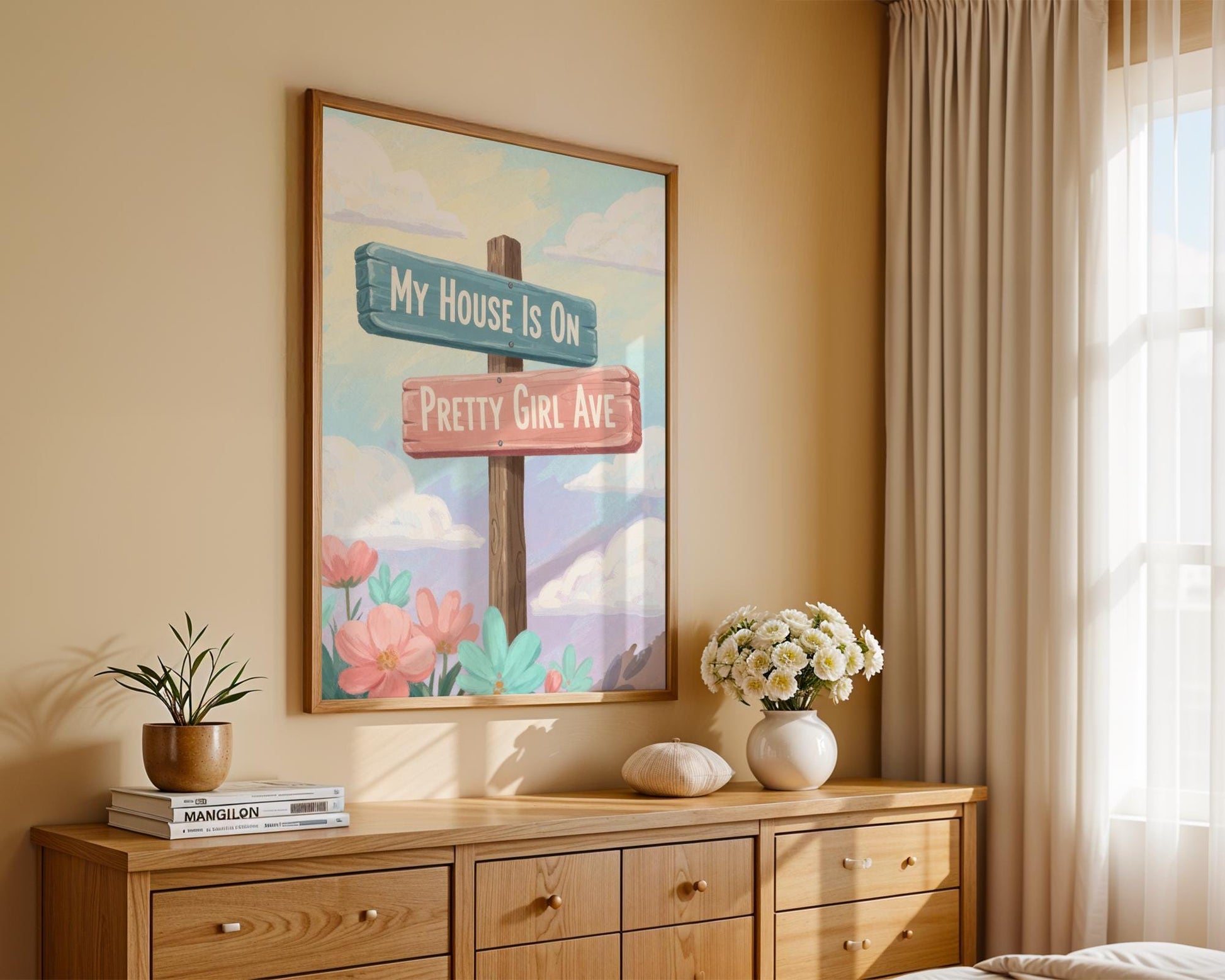 Watercolour Pretty Girl Avenue Poster, Pink Aesthetic Wall Art, Cute Typography Decor, Minimalist Dorm Room Print, Trendy Bedroom Wall Decor