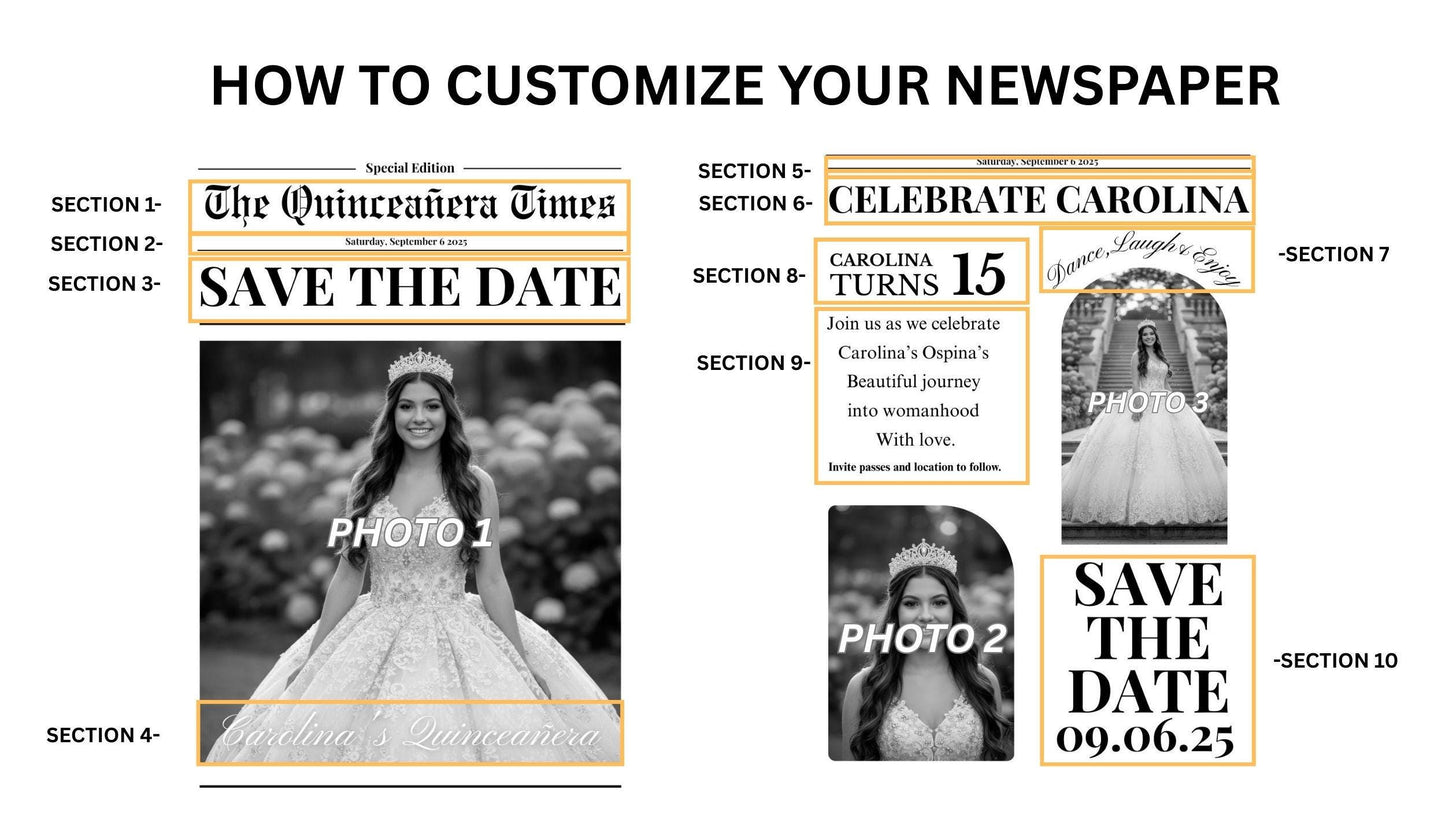 Quinceanera Newspaper Printed, Custom Save the Date Announcement, Birthday Party Decor, Unique Gift Ideas Printed & Shipped