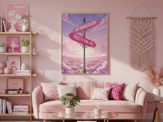 Pretty Girl Avenue Poster, Pink Aesthetic Wall Art, Cute Anime Decor, Minimalist Dorm Room Print, Trendy Bedroom Decor Digital Download