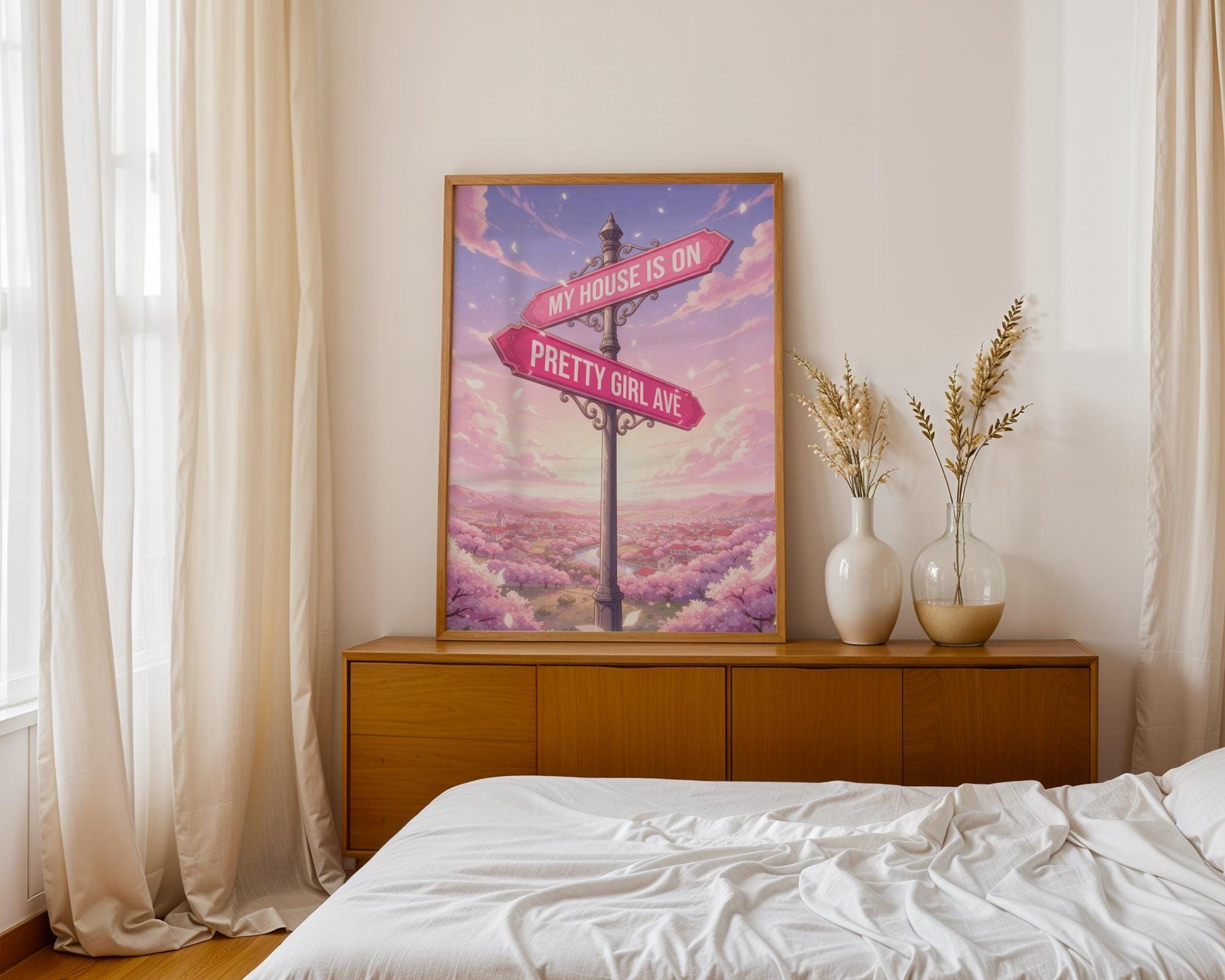 Pretty Girl Avenue Poster, Pink Aesthetic Wall Art, Cute Anime Decor, Minimalist Dorm Room Print, Trendy Bedroom Decor Digital Download