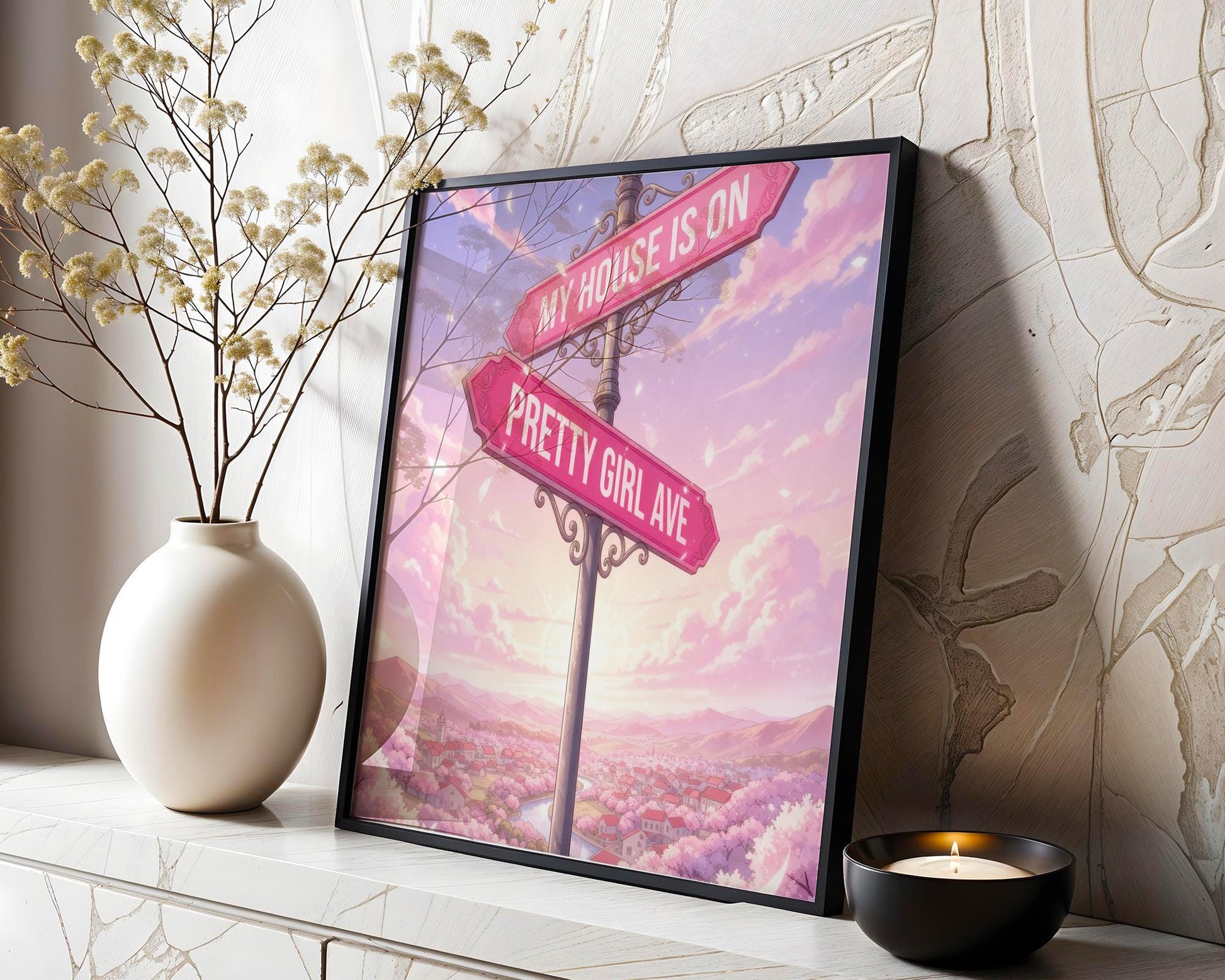 Pretty Girl Avenue Poster, Pink Aesthetic Wall Art, Cute Anime Decor, Minimalist Dorm Room Print, Trendy Bedroom Decor Digital Download