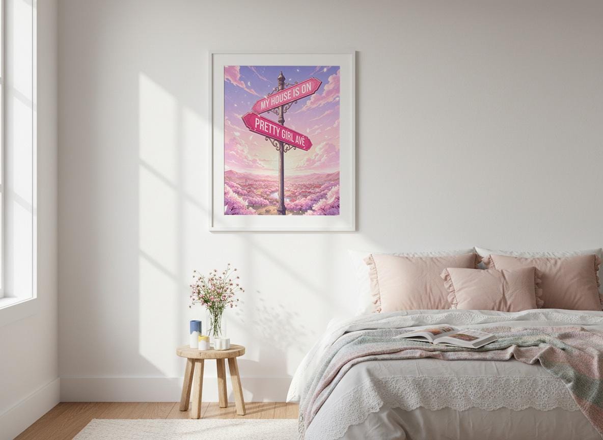 Pretty Girl Avenue Poster, Pink Aesthetic Wall Art, Cute Anime Decor, Minimalist Dorm Room Print, Trendy Bedroom Decor Digital Download