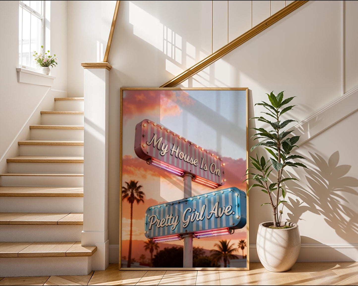 Retro Pretty Girl Avenue Poster, Pink Aesthetic Wall Art Digital Download, Minimalist Typography Dorm Room Print, Trendy Bedroom Wall Decor