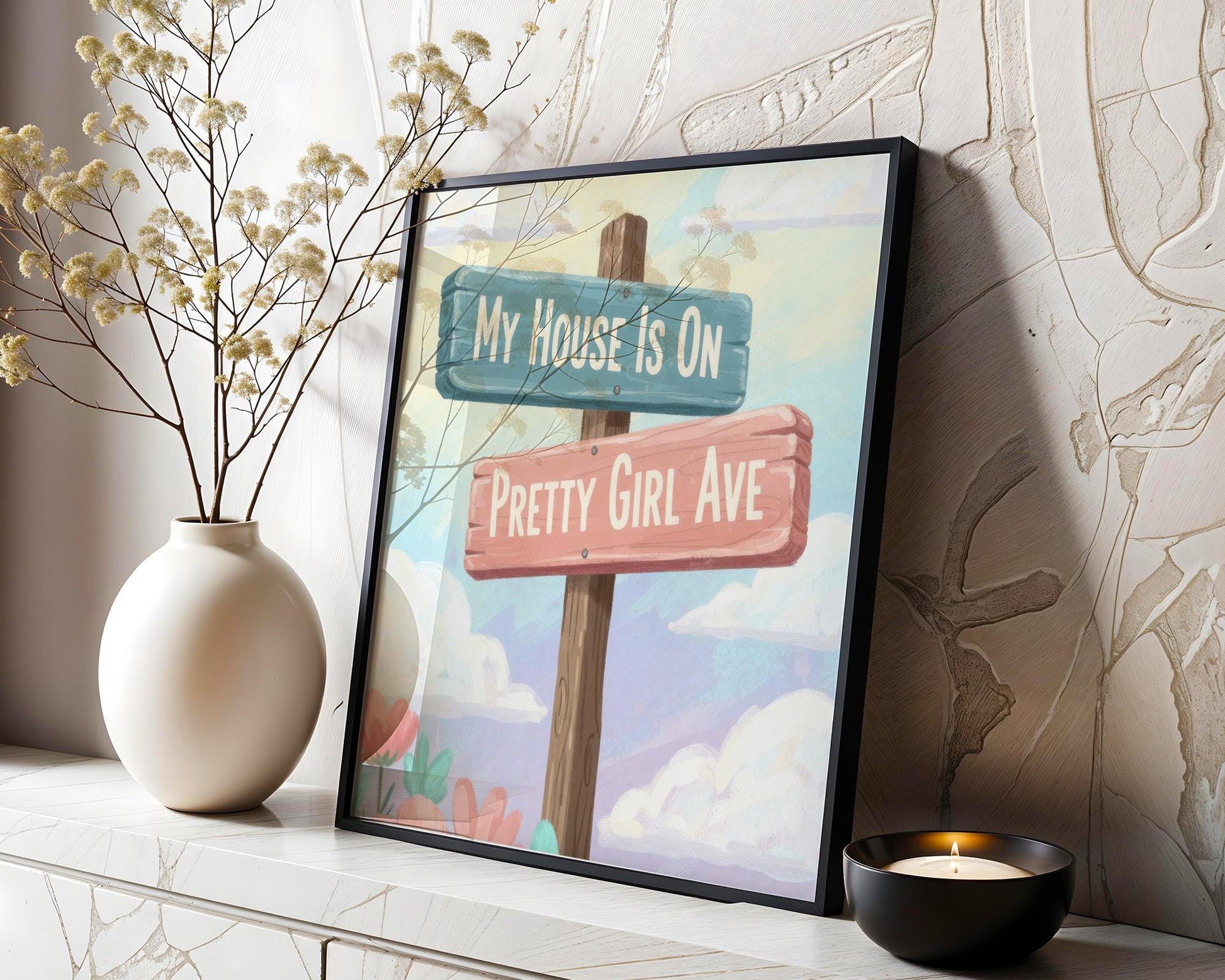 Watercolour Pretty Girl Avenue Poster, Pink Aesthetic Wall Art, Cute Typography Bedroom Decor, Minimalist Dorm Room Print Digital Download