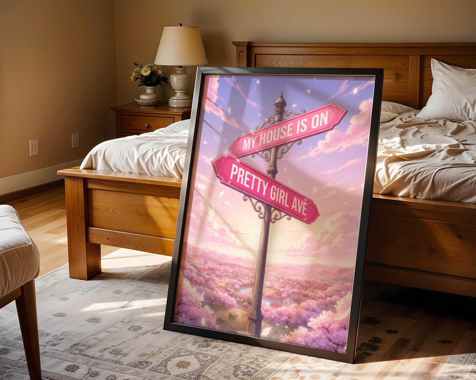 Pretty Girl Avenue Anime Poster, Pink Aesthetic Wall Art, Cute Typography Decor, Minimalist Dorm Room Print, Trendy Bedroom Wall Decor