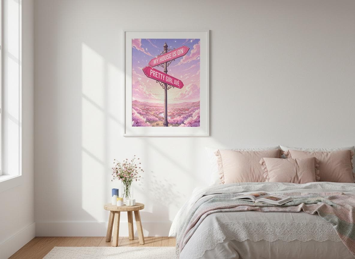 Pretty Girl Avenue Anime Poster, Pink Aesthetic Wall Art, Cute Typography Decor, Minimalist Dorm Room Print, Trendy Bedroom Wall Decor