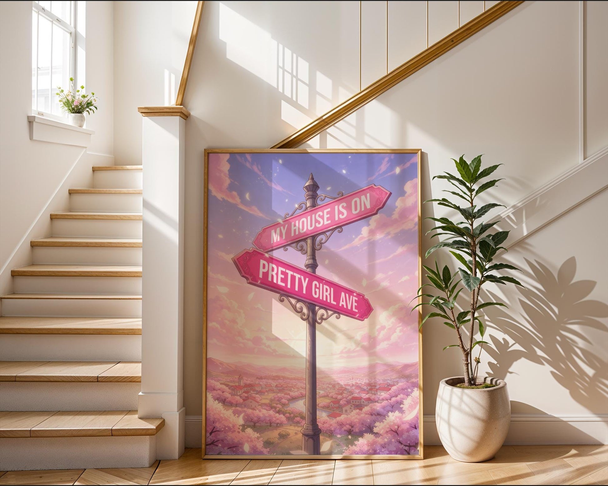 Pretty Girl Avenue Anime Poster, Pink Aesthetic Wall Art, Cute Typography Decor, Minimalist Dorm Room Print, Trendy Bedroom Wall Decor