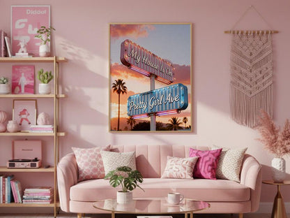 Retro Pretty Girl Avenue Poster, Pink Aesthetic Wall Art, Cute Typography Decor, Minimalist Dorm Room Print, Trendy Bedroom Wall Decor