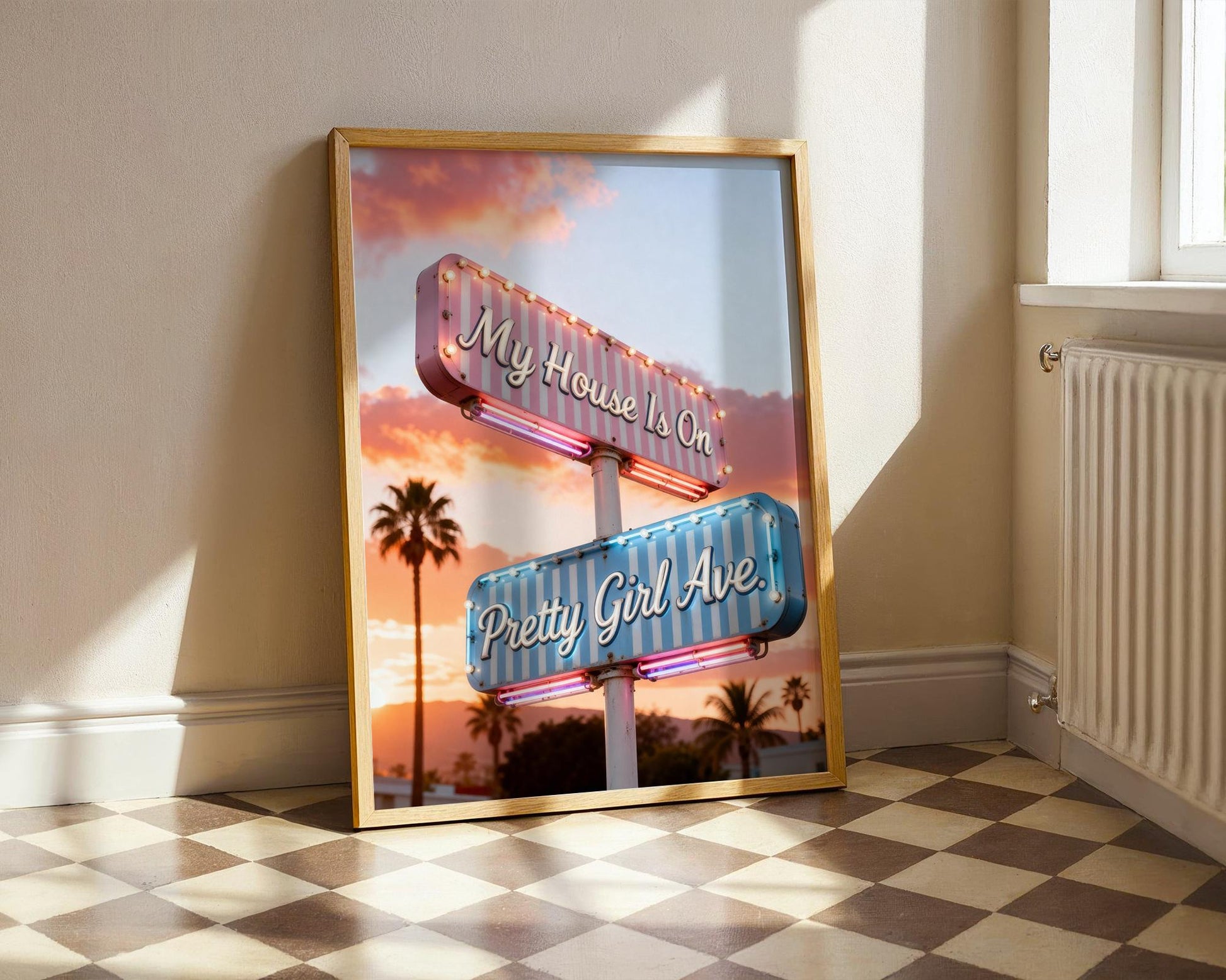 Retro Pretty Girl Avenue Poster, Pink Aesthetic Wall Art, Cute Typography Decor, Minimalist Dorm Room Print, Trendy Bedroom Wall Decor