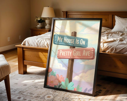 Watercolour Pretty Girl Avenue Poster, Pink Aesthetic Wall Art, Cute Typography Decor, Minimalist Dorm Room Print, Trendy Bedroom Wall Decor