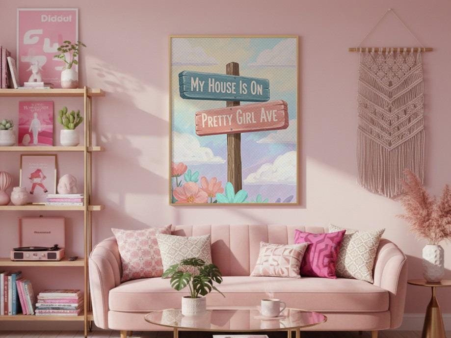 Watercolour Pretty Girl Avenue Poster, Pink Aesthetic Wall Art, Cute Typography Decor, Minimalist Dorm Room Print, Trendy Bedroom Wall Decor