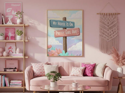 Watercolour Pretty Girl Avenue Poster, Pink Aesthetic Wall Art, Cute Typography Decor, Minimalist Dorm Room Print, Trendy Bedroom Wall Decor