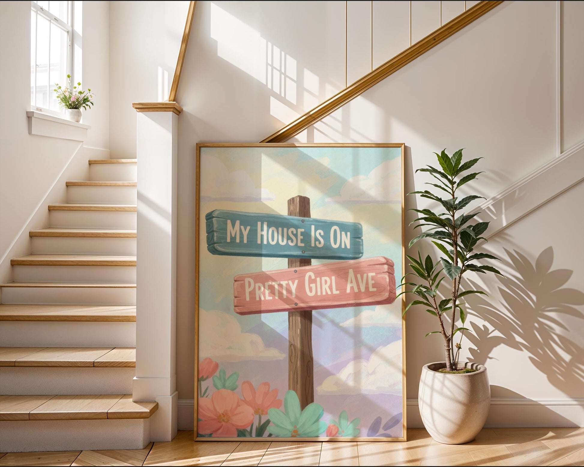 Watercolour Pretty Girl Avenue Poster, Pink Aesthetic Wall Art, Cute Typography Decor, Minimalist Dorm Room Print, Trendy Bedroom Wall Decor